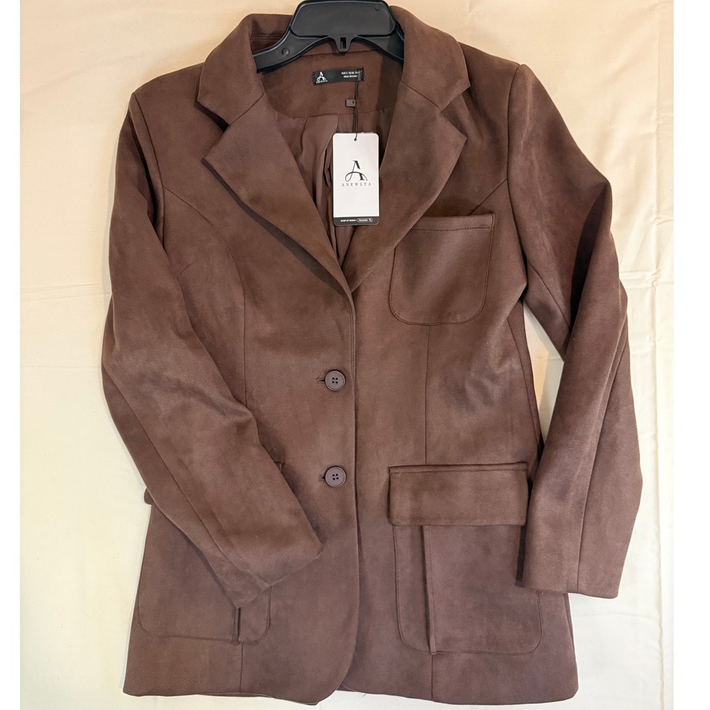 Anewsta Womens Brown Faux Suede Blazer Jacket NWT